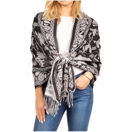 Sakkas Gianna Women's Silky Soft Reversible Floral Woven Pashmina Scarf Shawl Wrap, 23-D1-Black-White