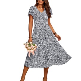 BTFBM Women Casual Summer Short Ruffles Tiered Sleeve Smocked Midi Dresses Bohemian Floral V Neck Wedding Guest Long Dresses