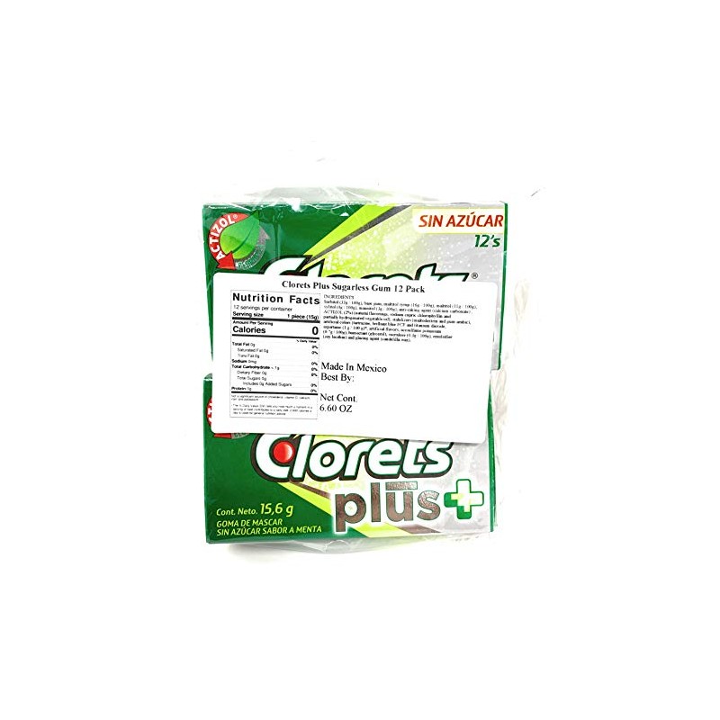Clorets Plus Sugarless Gum 12pk–Mint Flavor (12 pieces of gum