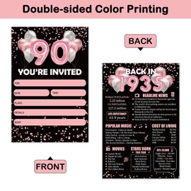 REWIDPARTY Rose Gold 90th Birthday Invitation Cards with Envelopes & Stickers（Set of 15） Back in 1935 Fill in Invitations 90th Anniversary Decor Gifts 90 Years Old Birthday Party Supplies for Adults