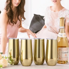 Lifecapido 6 Pack Insulated Stainless Steel Flutes, 12oz Stemless Champagne Flutes, Gold Plating for Birthday Wedding Christmas Party