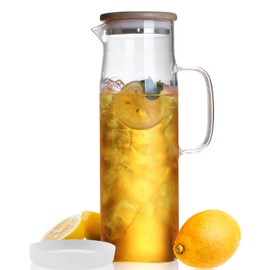 hjn Glass Water Pitcher with Lid Glass Carafe with Handle, Fridge Water Jug for Cold or Hot Beverages, Iced Tea, Milk, Juice 1500ml/51oz & bamboo lid