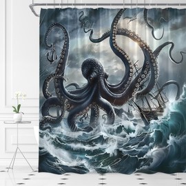MSAYNFG Octopus Nautical Shower Curtain Pirate Ship Ocean Animal Adventure Kraken Tentacles Fabric Bathroom Decor Set with Hooks(70" Wx70 H)