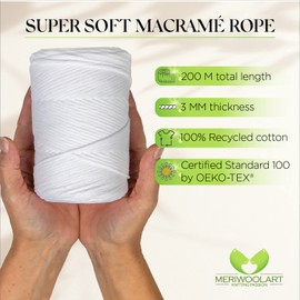 MeriWoolArt® Macrame Yarn White - Macrame Yarn 3 mm Coloured 200 m - Super Soft Yarn, Single Twist Macrame Cord - Oeko-Tex 100% Recycled Cotton Yarn Coloured - DIY Boho Decorative Macrame