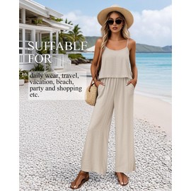 Velvelhall Women's 2 Piece Lounge Set Summer Beach Vacation Travel Outfits Casual Matching Spaghetti Strap Top and Pants Sets(Apricot,Small)