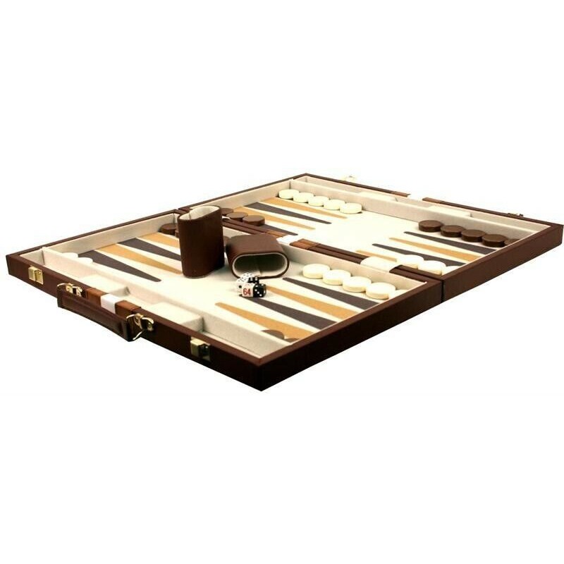 DA VINCI Large 16 inch Leatherette Backgammon Set, Brown