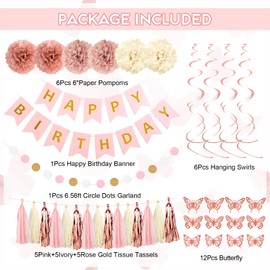 Pink Birthday Party Decorations, Dusty Pink Sand Confetti Rose Gold Balloons Happy Birthday Banner Fringe Curtains Butterfly Hanging Swirls Circle Dots Tassels Pom Women Girls 16th 21st 30th 40th Her
