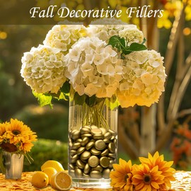 HappyFiller 2 LB Gold Flat Marbles Glass Gems,Weighted Fillers Pebbles Stones for Flower Vases, Candle Holder Plate,Wedding Party Home Floral Decor Gemstones,1/2" Each