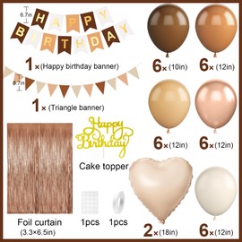 Brown Birthday Decorations,Happy Birthday Banner Beige Cream Neutral Boho Balloons Fringe Curtain Heart Foil Balloons for Women Boys Girls Baby Shower