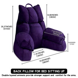 RRPAHWTV Reading Pillow for Bed with High Arm Rests ,Back Support Pillow for Sitting Up in Bed with Shredded Memory Foam for Reading, TV, Gaming or Relaxing on Bed or Floor（Grape, Large）