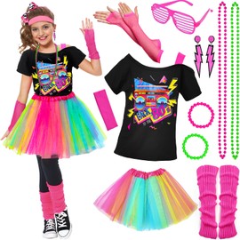 80s Outfit for Kids Girls 80s Accessories T-Shirt, Tutu, Headband, Neon Earrings, Necklace, Bracelet, Leg Warmers, Mesh Gloves, Glasses for Girls 10 11 12 13 14 15 16 17 18 Years