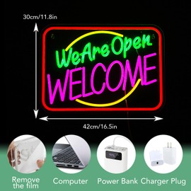 JLEWUINH Business We Are Open Neon Sign Welcome Wall Decor Neon Light Open Sign LED Light Sign Coffee Shop Bar Restaurant Salon Hotel Welcome Door Window Decor Sign USB 16.5"X11.8"
