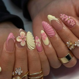 BQZQPAMZ 3D Pink Flower Press on Nails Short Almond Yellow Floral French Fake Nails With Glue Spring Stick on Nails Full Coverage Acrylic Nail for Women DIY Spring Summer Cute Nail Art Supplies