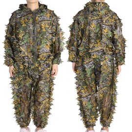 Ghillie Suit 3D Leafy Hooded Camouflage Clothing Outdoor Woodland Hunting Suit Sniper Costume Camo Outfit for Jungle Hunting, Military Game, Wildlife Photography, Paintball (Height 5.4-5.9 ft)