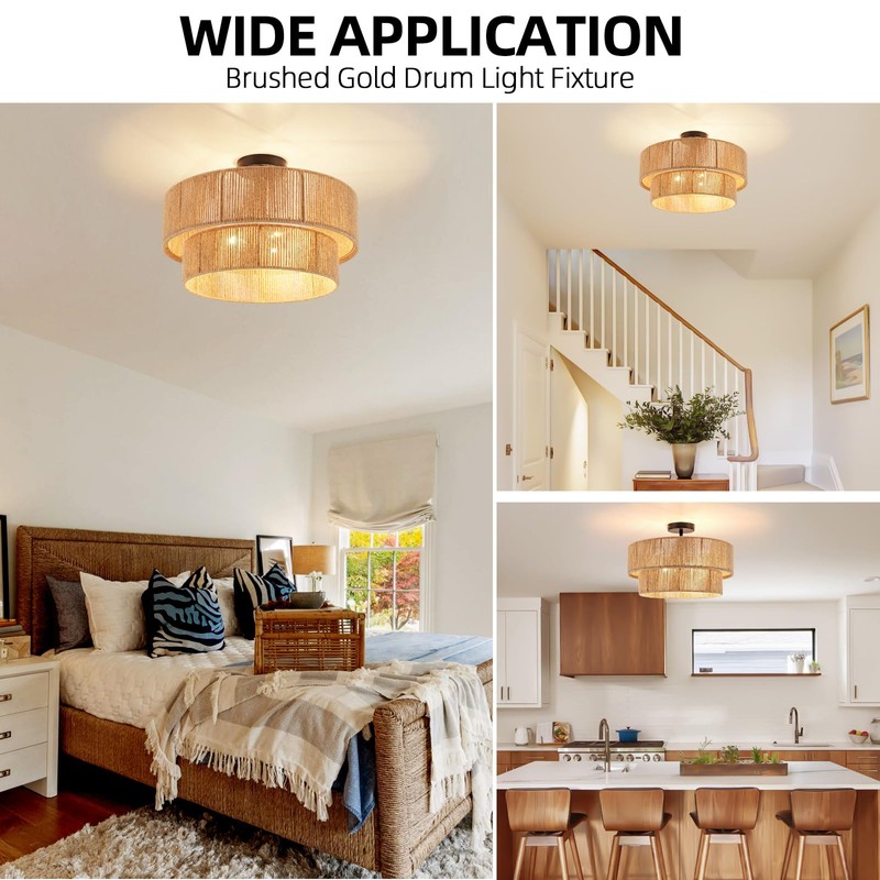 Fenluster Boho Semi Flush Mount Ceiling Light Rattan Ceiling Light