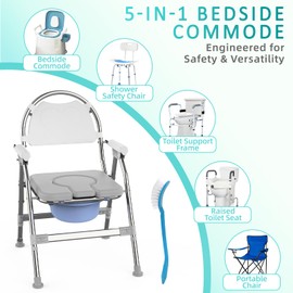 5 in 1 Folding Bedside Commode - Adjustable Height Portable Commode Toilet for Adults with Arms and Back, Potty Chair with Toilet Brush for Elderly, Disabled, Pregnant, Recovery, Up to 330 lbs