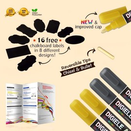 Liquid Chalk Marker Pens Gold + Silver, DIGIELE 2pcs Gold Chalk Pens + 2pcs Silver Markers, 6mm Dry & Wet Wipe Erase, Thin & Medium Reversible Bullet or Chisel Tip, 4 Pens+ 16 Chalkboard Labels Packed