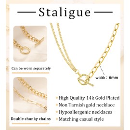 Staligue Chunky Necklace for Women Men 18K Gold Plated Layering Toggle Chain Necklaces Trendy Double Cuban Link Statement T-bar Clasp Chain Necklace Jewelry
