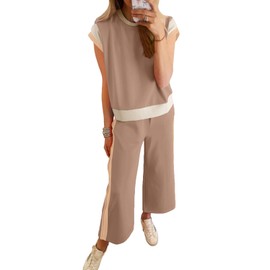 SHEWIN Two 2 Piece Sets for Women Summer 2025 Crewneck Short Sleeve Pullover Tops Matching Casual Pants Trendy Tracksuit Lounge Set Womens Clothing,Apricot,XX-Large