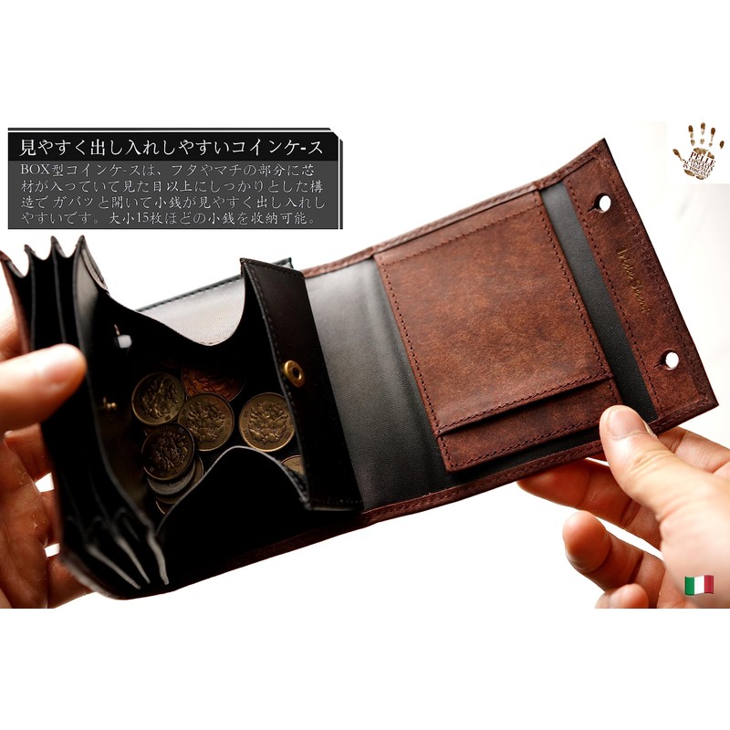 IrideScent PUEBLO Men's Bi-fold Wallet, Box-shaped Coin Purse, Italian Leather,