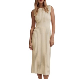 Danedvi Women's Sleeveless Midi Tank Dress Basic Ribbed Knit Crewneck 2024 Fall Trendy Bodycon Sweater Dresses Beige