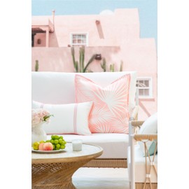 Hofdeco Premium Coastal Patio Indoor Outdoor Pillow Cover Only, 20"x20" Water Repellent for Backyard, Couch, Blush Pink Palm Leaf