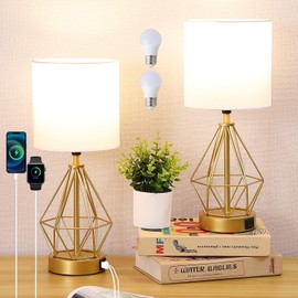 Sheenkarion Touch Control Small Gold Table Lamps Set of 2,Modern Dimmable Bedroom Bedside Nightstand Lamp with USB C+A Charging Port,Living Room Office Desk Lamp White Fabric Shade(Bulbs Included)