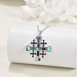 YFN Crusader Jerusalem Cross Necklace Sterling Silver Abalone Shell Cross Pendant Religious Cross Jewelry Gifts for Women Men