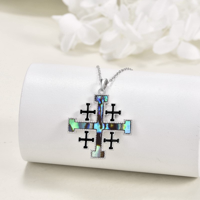 YFN Crusader Jerusalem Cross Necklace Sterling Silver Abalone Shell Cross