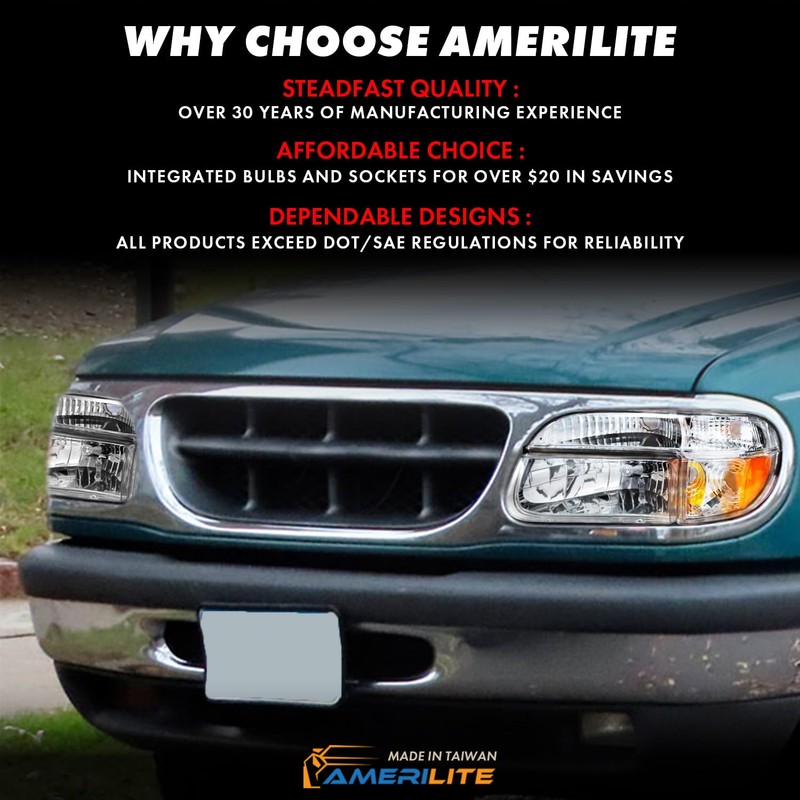 AmeriLite Chrome Replacement Headlights Lamp w/Corner Parking Turn Signal Set