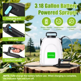 Battery Powered Sprayer 3.18 Gallon,Powerful Electric Sprayer with 5 Mist Nozzles,Rechargeable Handle, 41 in Retractable Wand,Adjustable Shoulder Strap,for Weed Lawn Yard
