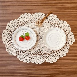 COOKY Lace Doilies Handmade Crochet Cloth Placemats 2pc, Vintage Decorate Floral Tablecloths, Beige,Oval（12 x 17 Inch）
