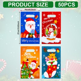 Gosknor 50pcs Christmas Bags - 4 Styles Cute Plastic Present Bags With Handles for Xmas Party Favors, Snacks, Candy, and Gift Wrapping