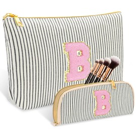 2 PCS Initial Makeup Bag, Graduation Gifts for Teacher/11 12 13 14 15 16 Year Old Teen Girls, Personalized Travel Cosmetic Bag, Preppy Stuff Birthday Gifts for Women Friends, Skincare Bag, Black B