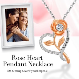 Gifts for Wife/Mum/Girlfriend Necklace, 925 Sterling Silver Necklaces for Women Rose Flower Necklace I Love You Jewellery Gifts for Women Her Anniversary Birthday Mothers Day Christmas Valentines