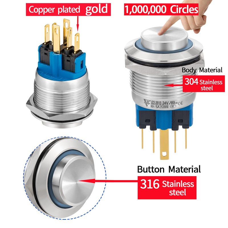 22mm Push Button Switch Momentary Latching High Round Waterproof IP67