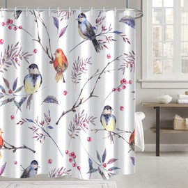 AWERT Bird Shower Curtain with Hooks Colorfur Cheery Birds on Tree Branch Shower Curtain for Bathroom Waterproof Fabric Bathroom Accessories Bathtub Decor 72x72inch