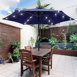 7.5 Ft Crank Lift & Push Button Tilt Mechanism Outdoor Patio Table Umbrella with Solar Lights | Navy Indigo blue Adjustable Angle Powder-Coated Steel Frame All Weather UV Fade Water Proof