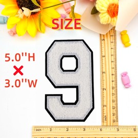 2 Pcs 5.0" White Chenille Number Patches with Black Border, Iron On Appliques for Clothing, Jackets, Backpacks Varsity Style Number Patches Pair with Varsity Letter Patch (White 9)