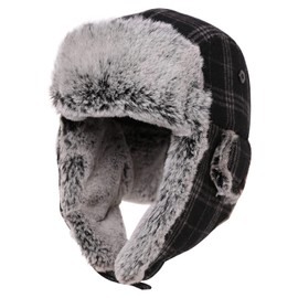 Comhats Winter Wool Trapper Hat for Men Hat Faux Fur Aviator Hat with Ear Flaps Russian Winter Cold Weather Hat Warmly Fleece Lined Black Grey Grid XL 61-63CM