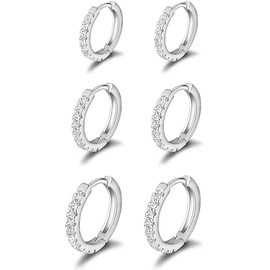 3 Pairs Small Hoop Earrings Tiny Cartilage Earrings Cubic Zirconia Cuff Earrings White Gold Huggie Hoop Ear Piercing Earrings for Women 8mm 10mm 12mm (Silver)