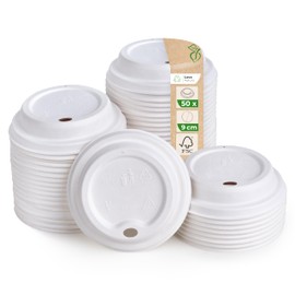 Love Nature Lid for paper cups, 300 ml, pack of 50, diameter 90 mm, lids for disposable coffee cups to go, white sugar cane lids for disposable cups