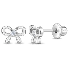 925 Sterling Silver Clear Cubic Zirconia Tiny Bow Children's Screw Back Earrings for Toddlers & Young Girls