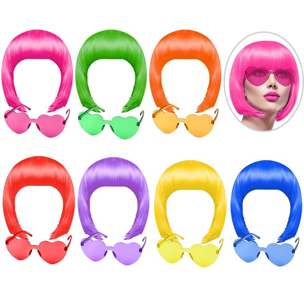 KUUQA 14Pieces Party Wigs & Sunglass Set,Neon Short Bob Wig Sunglass Pack Costume Colorful Cosplay Wig Daily Party Hairpieces for Bachelorette Neon Party Favors,Halloween & Decorations(7wigs&7glasses)