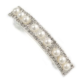 Silver Tone White Faux Pearl Clear Crystal Barrette Hair Clip Grip - 80mm W