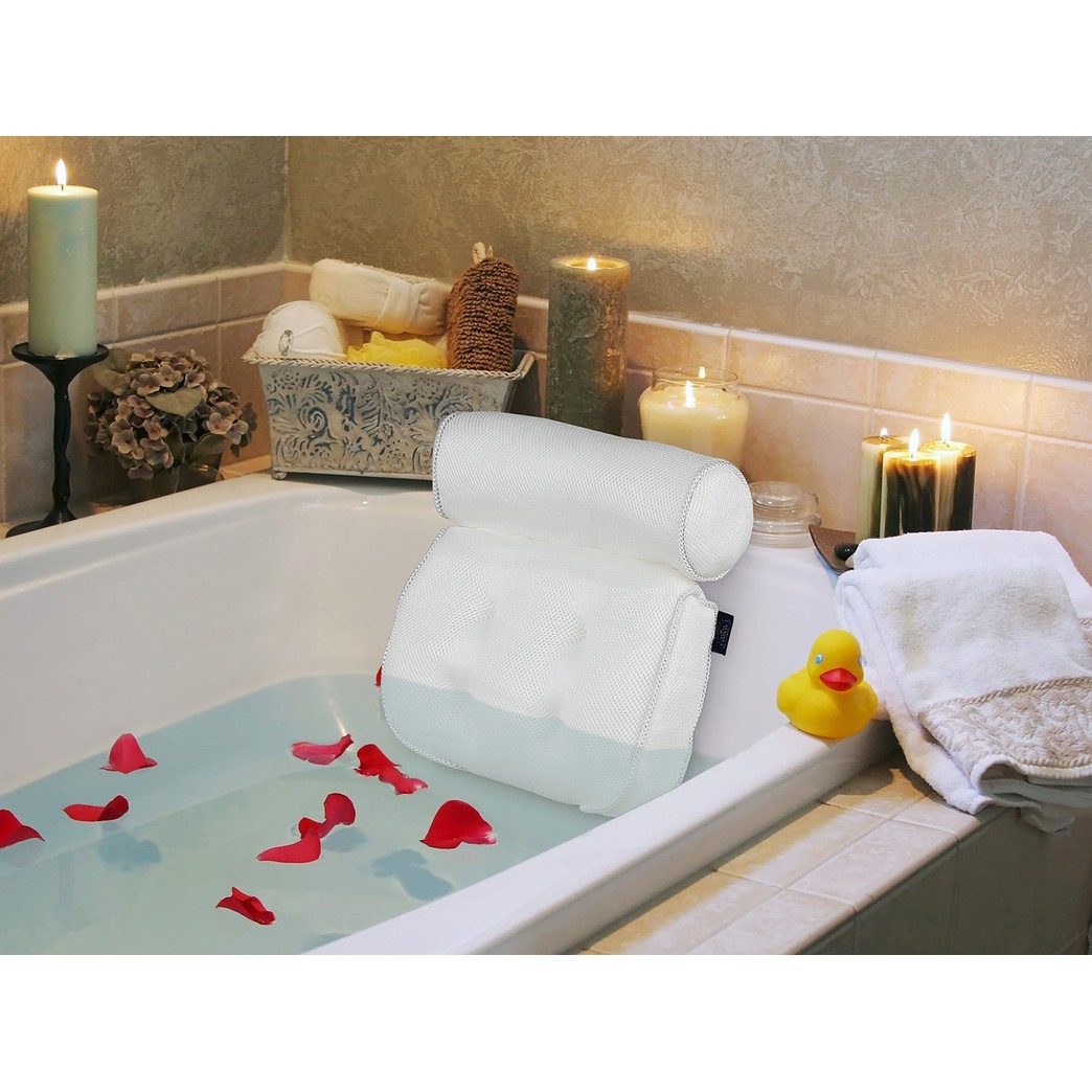 Regal Bazaar Spa Bath Pillow - White Quick-Drying Mesh Fabric with Large Suction Cups, Hanging Hook and Carry Bag - Helps Support Head, Back, Shoulder and Neck