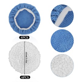 10Pcs Car Orbital Buffer Polisher Pad Car Polisher Pad Bonnet Buffing Pad Cover Wool Buffing Pads Car Polishing Bonnet Buffing Pads for Car Furniture Glass, 4*Microfiber+6*Woollen, 5-6 Inches
