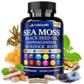 Fubienfit Organic Sea Moss Capsules - Contain seamoss Black Seed Oil ashwagandha Burdock Root Ginger & Essential Vitamins - Superfood for Immune Boost, Digestive Health, Overall Wellness, 60 Capsules