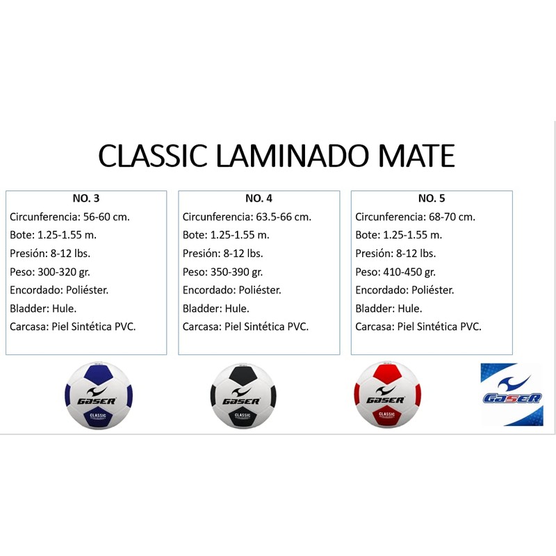 Gaser Balón Futbol Classic Laminado Mate (No. 5, Blanco con
