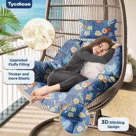 Tycdiose Outdoor Hanging Egg Chair Cushion Replacement, Extra Large Waterproof Egg Swing Cushions with Headrest Pillow and Ties, U-Shaped Thickened Cushion for Hanging Eggs Chair (Blue Floral)